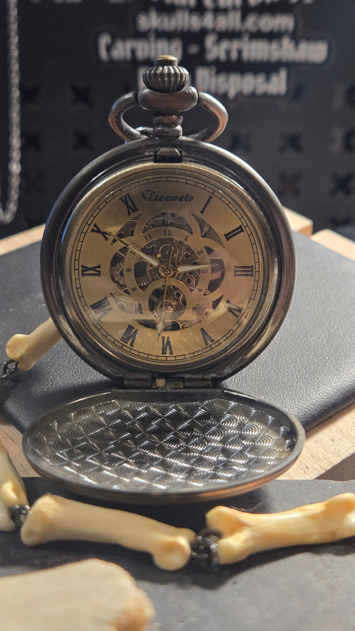 Custom Aged Satanic Skeleton Pocket Watch – Real Coyote Bone Fob