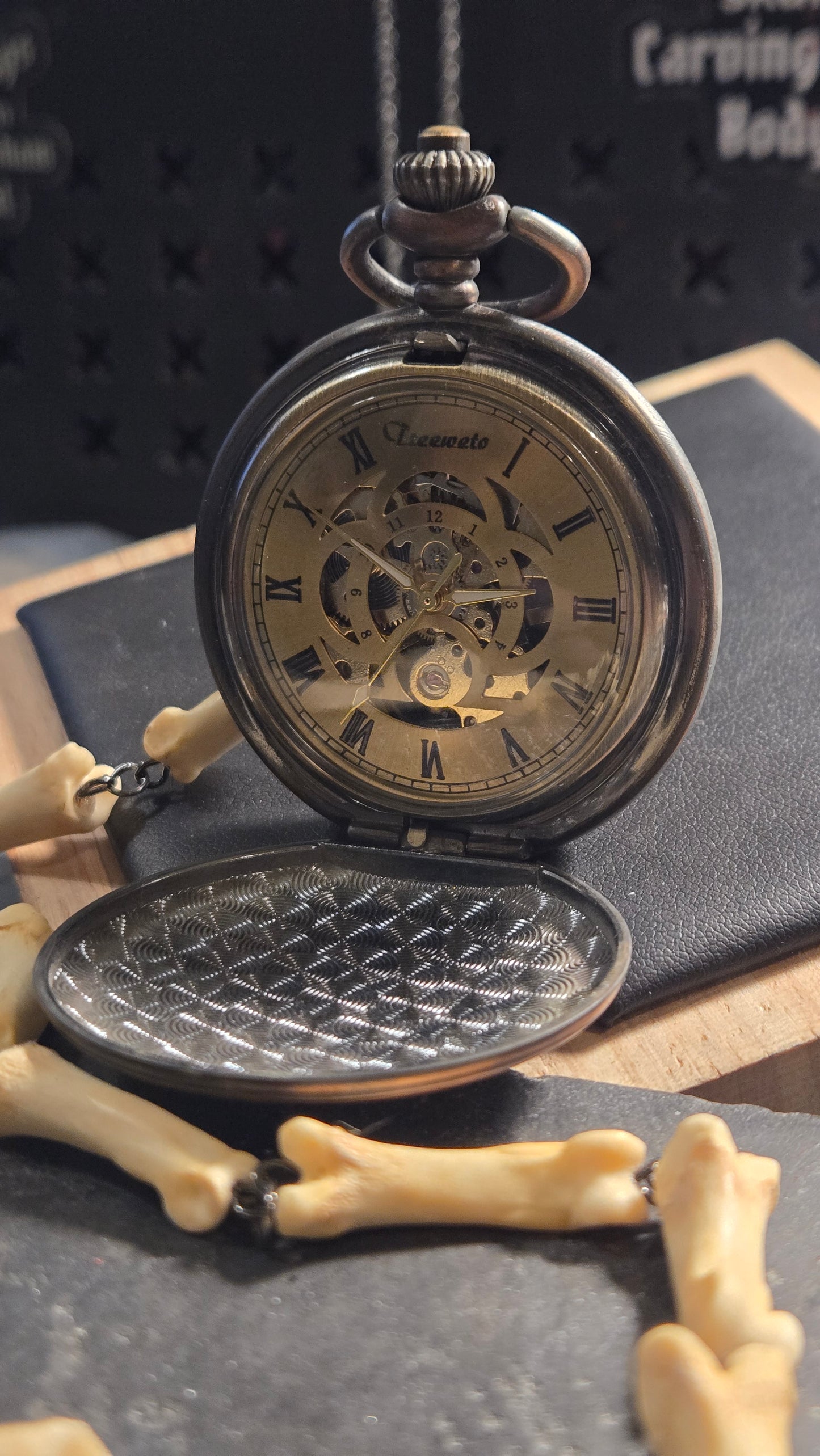 Custom Aged Satanic Skeleton Pocket Watch – Real Coyote Bone Fob