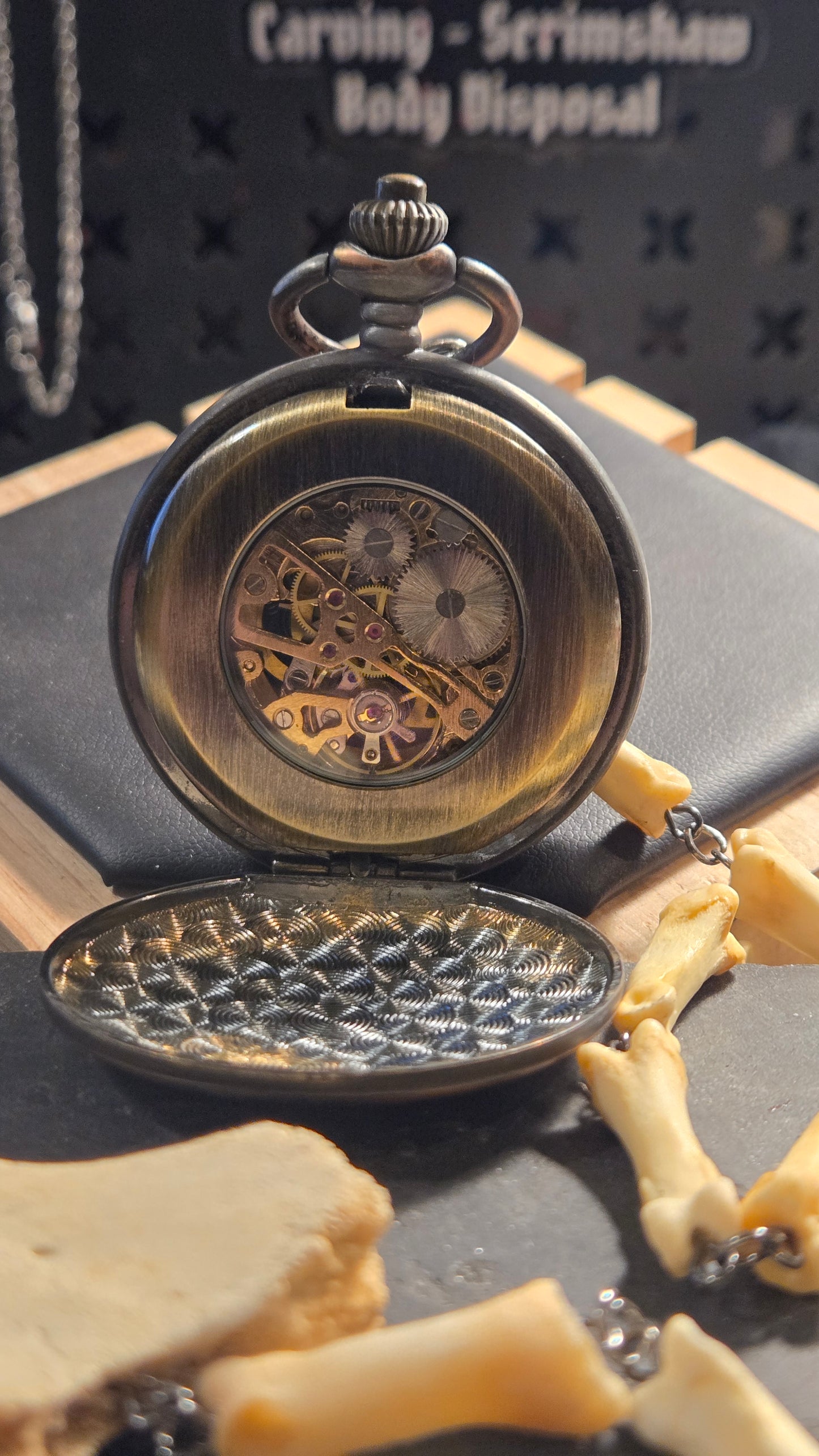 Custom Aged Satanic Skeleton Pocket Watch – Real Coyote Bone Fob
