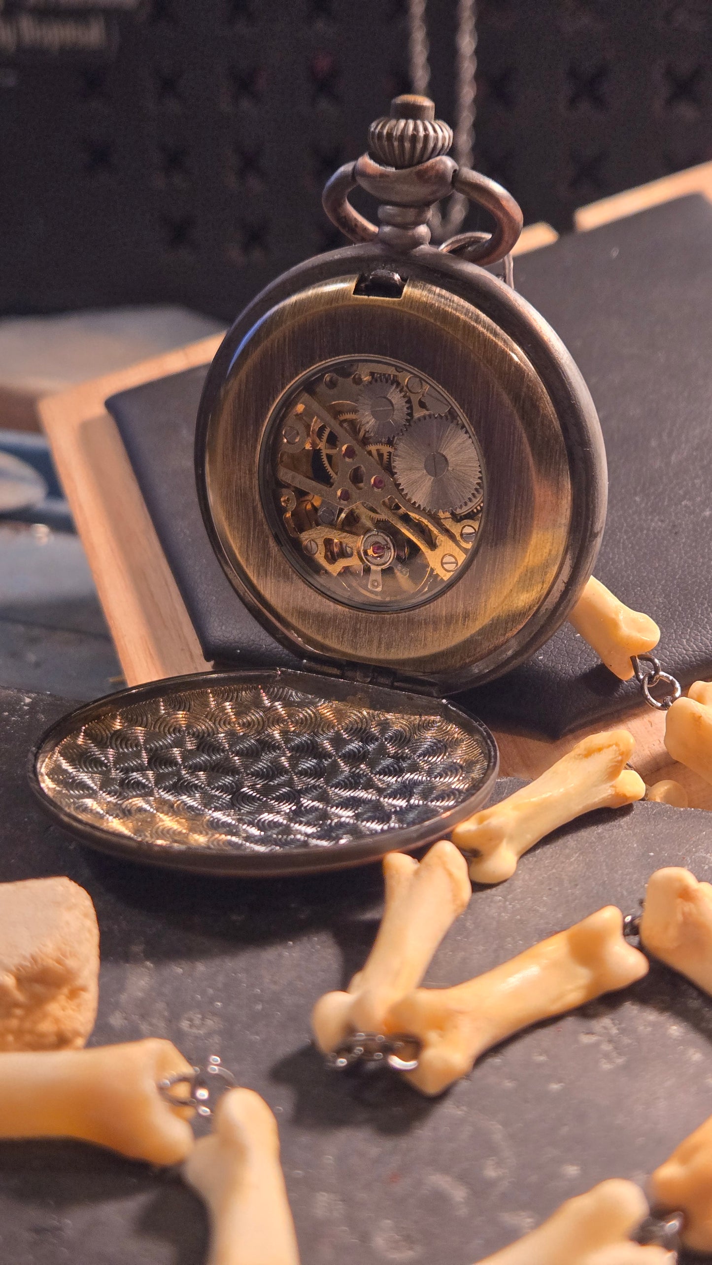 Custom Aged Satanic Skeleton Pocket Watch – Real Coyote Bone Fob
