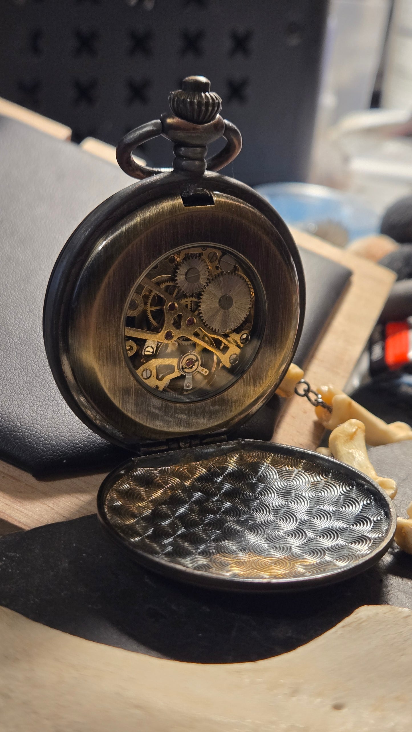 Custom Aged Satanic Skeleton Pocket Watch – Real Coyote Bone Fob