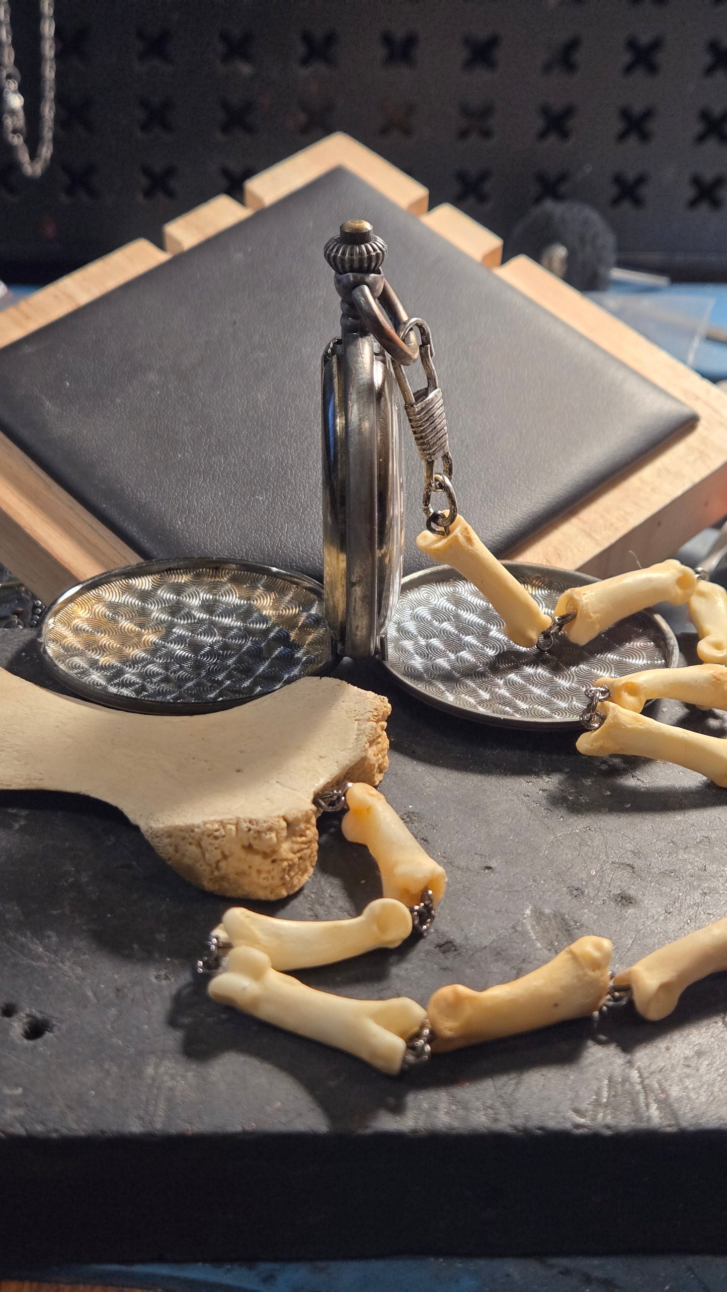 Custom Aged Satanic Skeleton Pocket Watch – Real Coyote Bone Fob