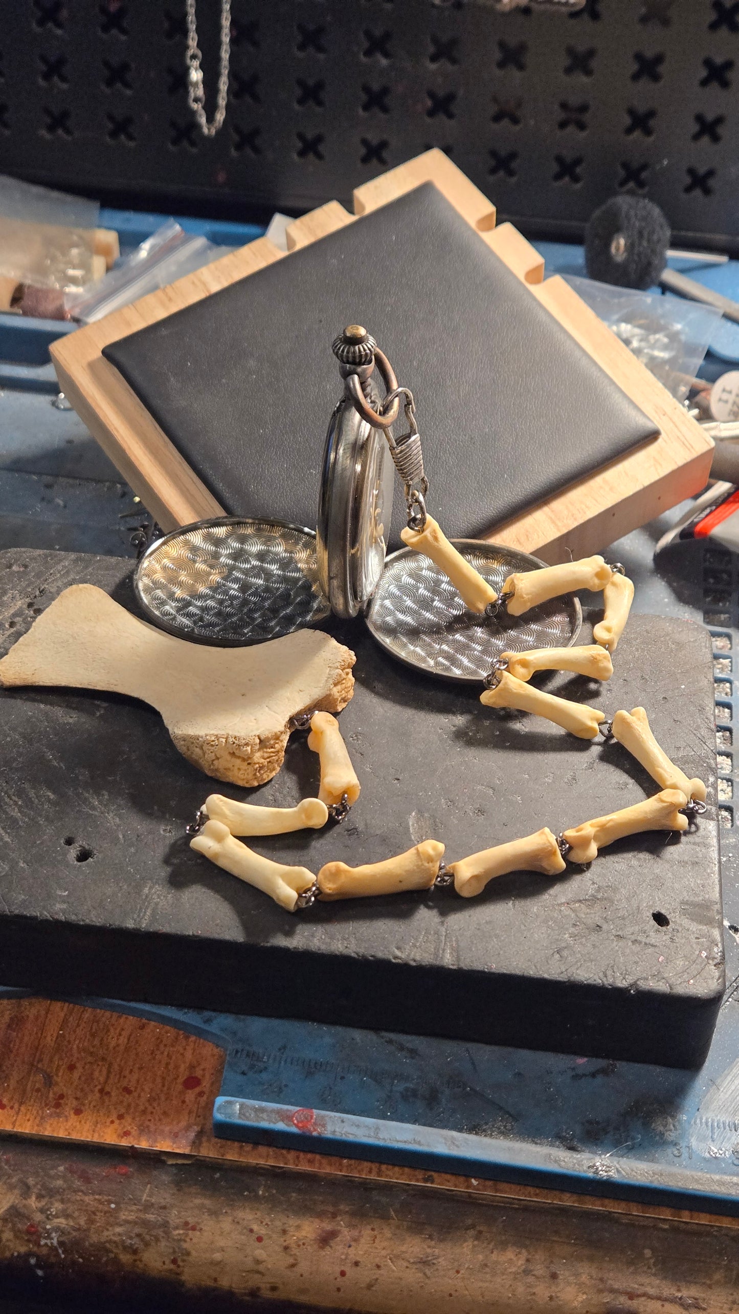 Custom Aged Satanic Skeleton Pocket Watch – Real Coyote Bone Fob