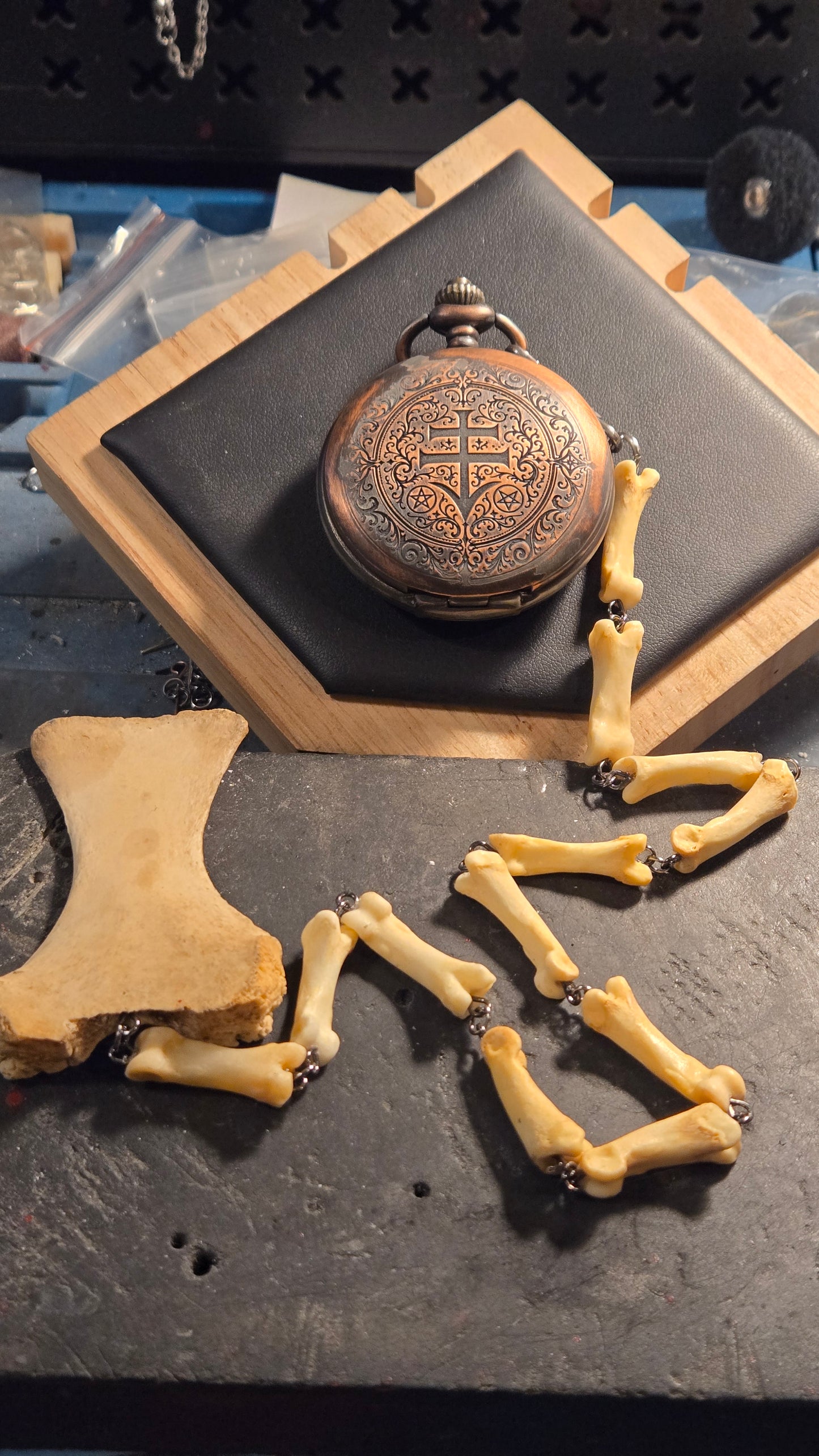 Custom Aged Satanic Skeleton Pocket Watch – Real Coyote Bone Fob