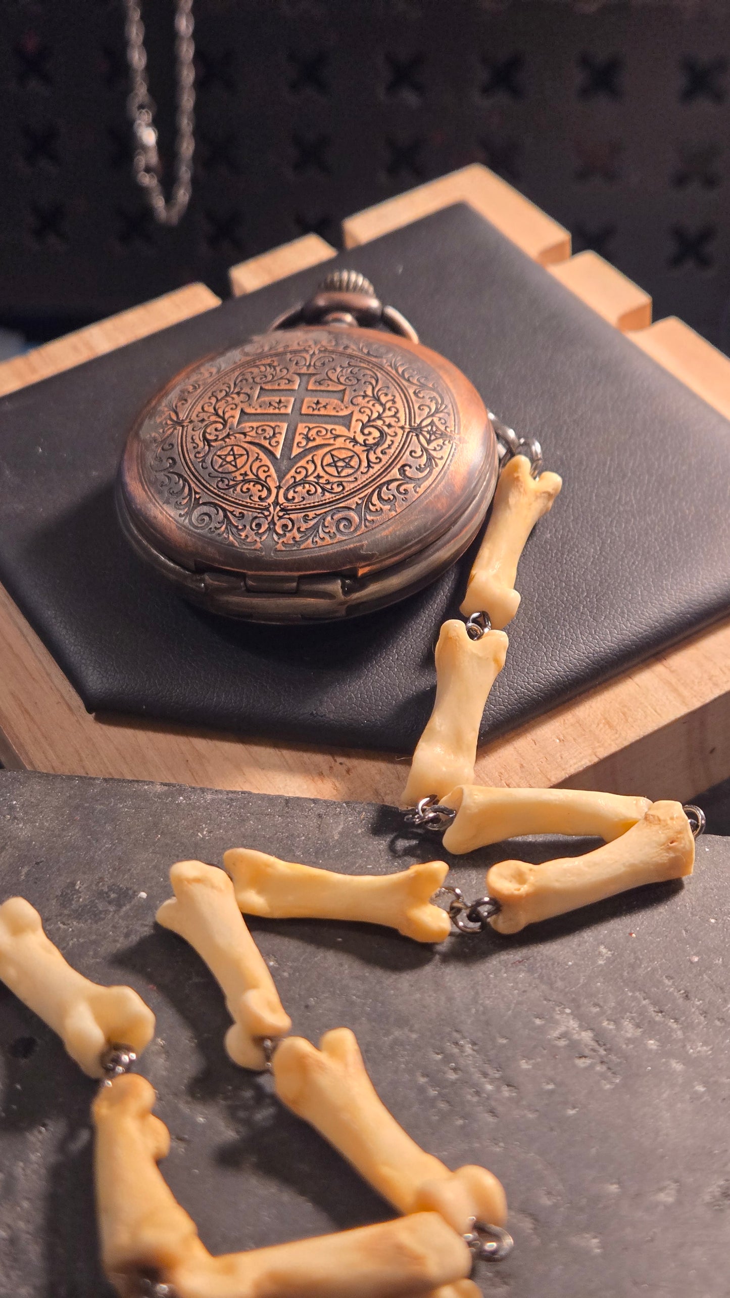 Custom Aged Satanic Skeleton Pocket Watch – Real Coyote Bone Fob
