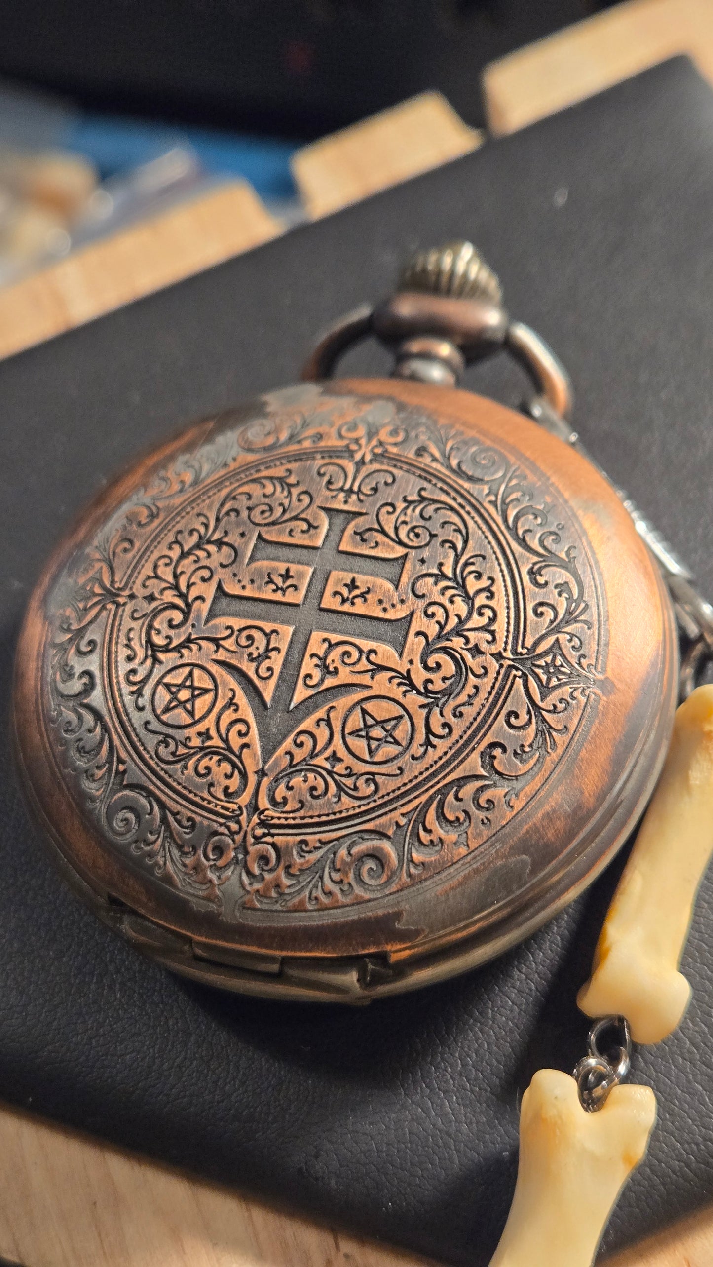 Custom Aged Satanic Skeleton Pocket Watch – Real Coyote Bone Fob