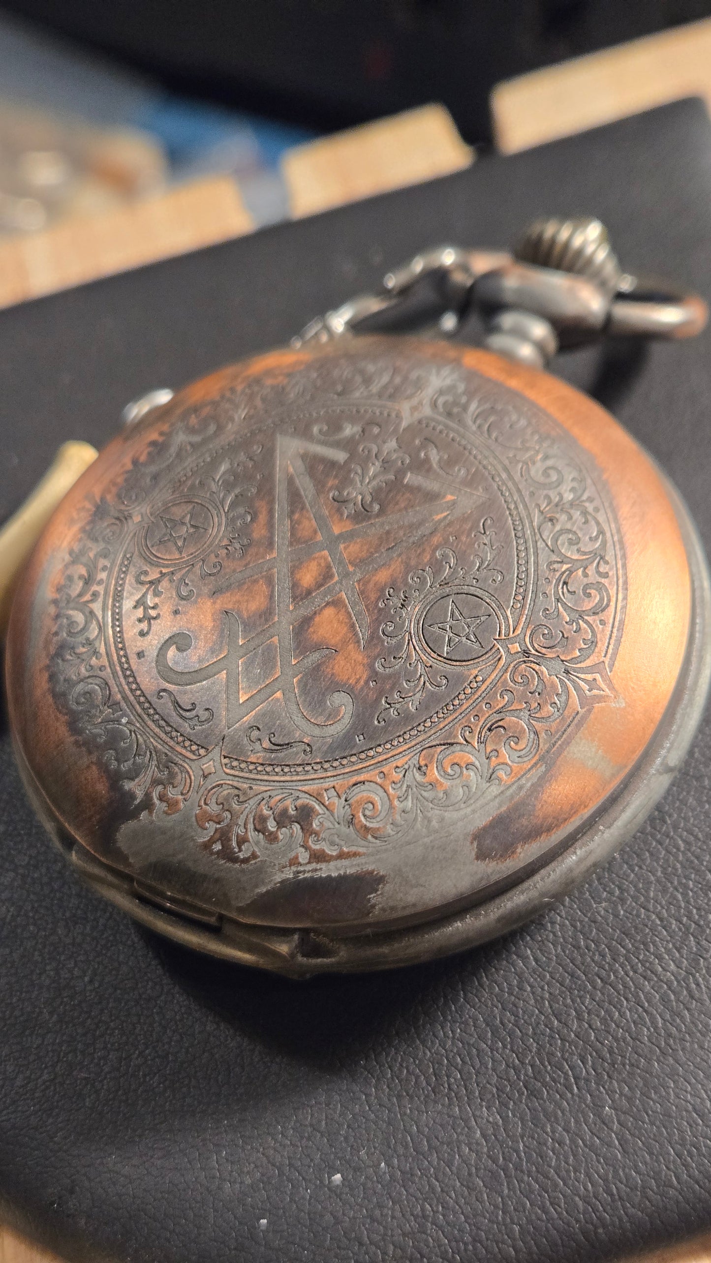 Custom Aged Satanic Skeleton Pocket Watch – Real Coyote Bone Fob