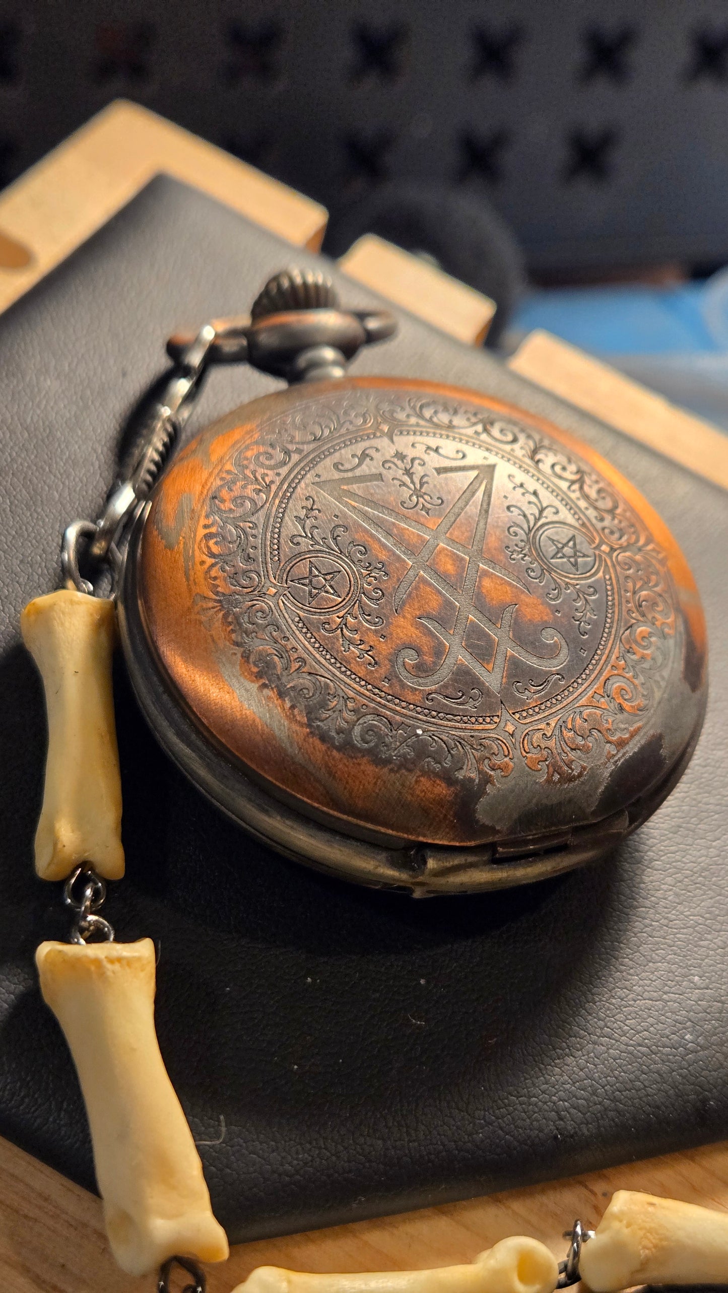 Custom Aged Satanic Skeleton Pocket Watch – Real Coyote Bone Fob