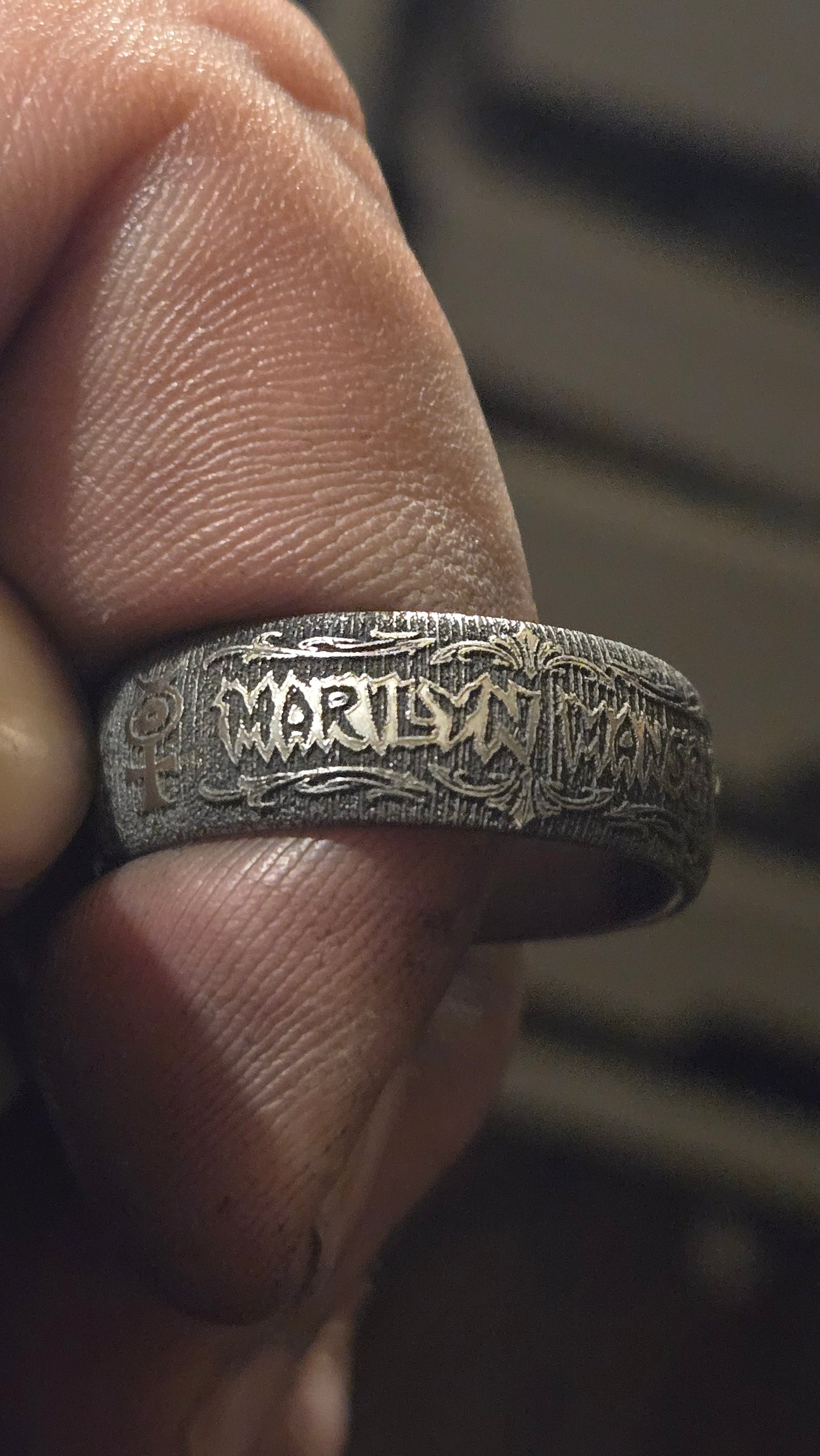 MARILYN MANSON THEMED RING – DEEP ENGRAVED & HAND AGED