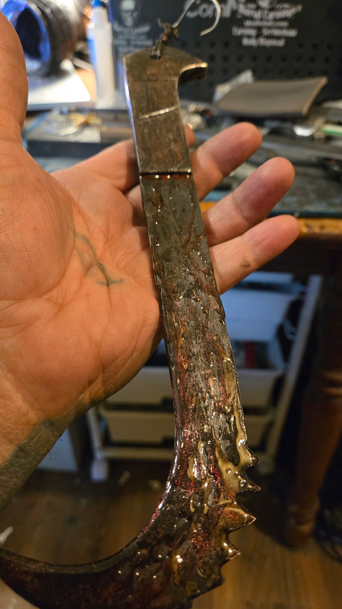 HELLRAISER INSPIRED BLOODY PINHEAD HOOKED SAW BLADE – HANDMADE HORROR DISPLAY PIECE
