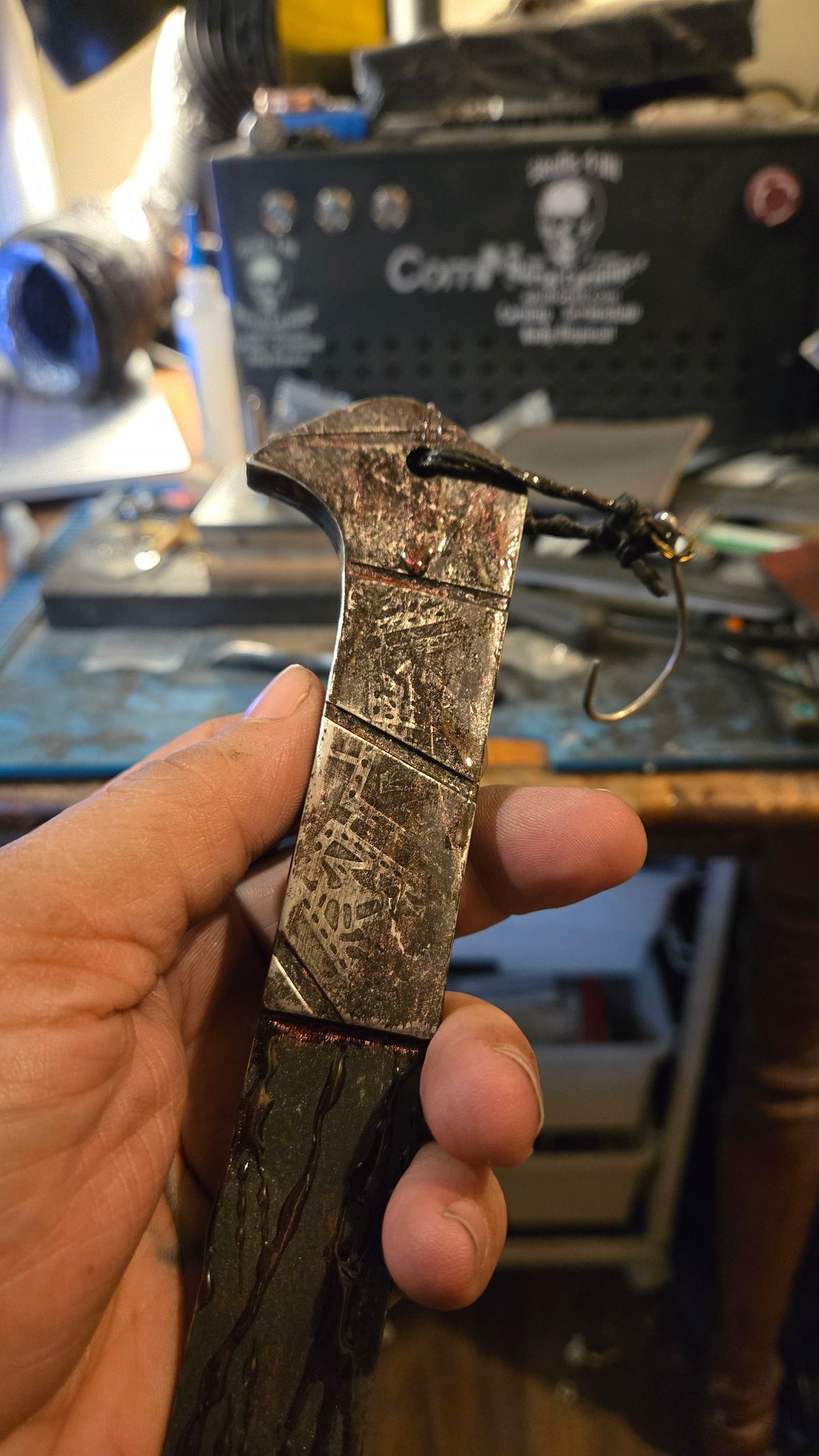 HELLRAISER INSPIRED BLOODY PINHEAD HOOKED SAW BLADE – HANDMADE HORROR DISPLAY PIECE