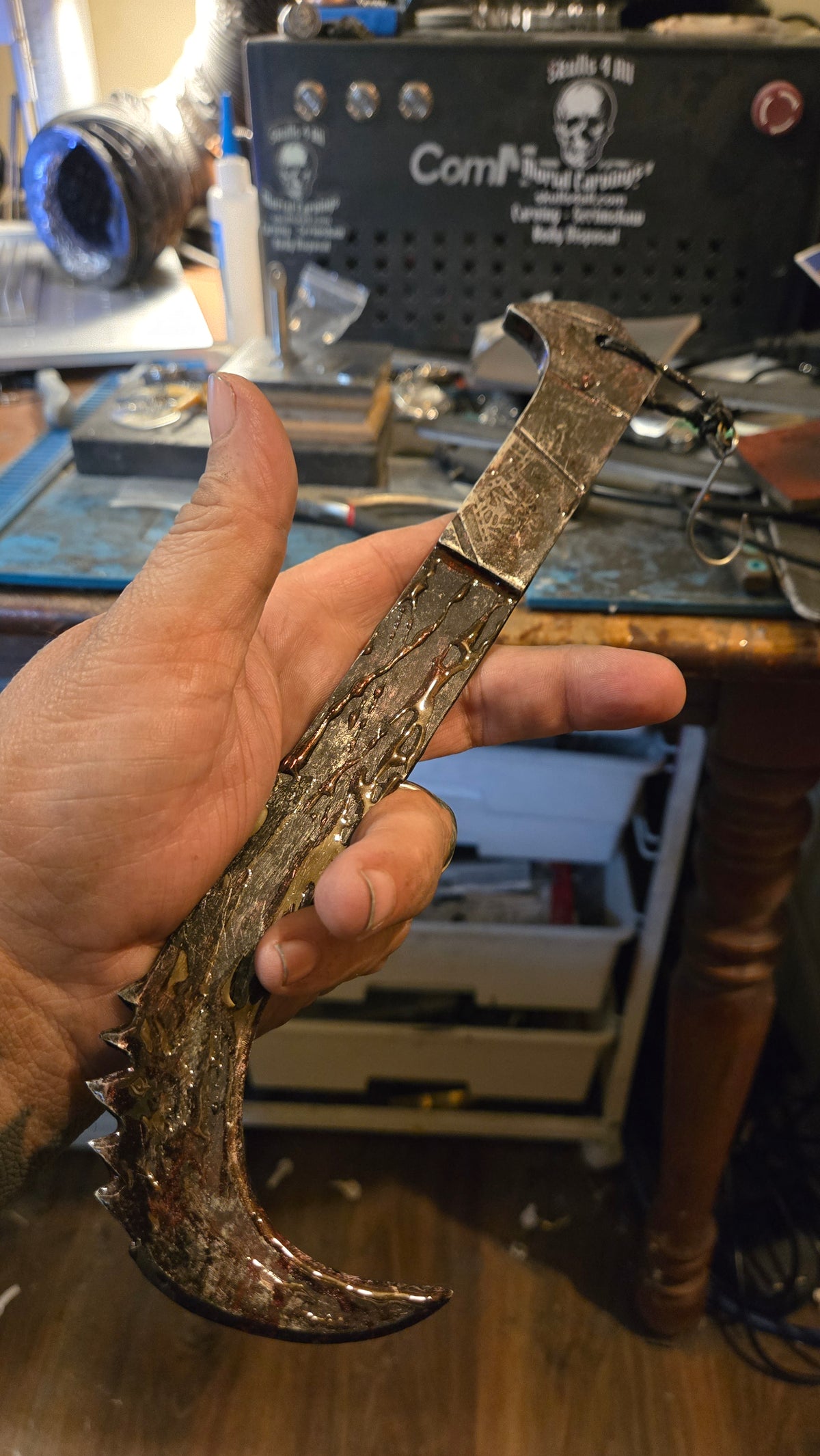 HELLRAISER INSPIRED BLOODY PINHEAD HOOKED SAW BLADE – HANDMADE HORROR DISPLAY PIECE