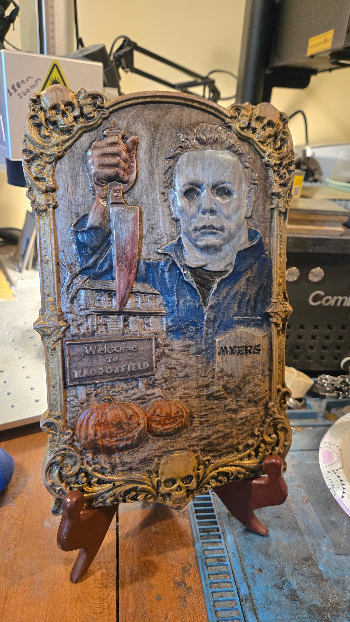 Michael Myers Hand-Painted Reclaimed Wood Wall Art With Stand
