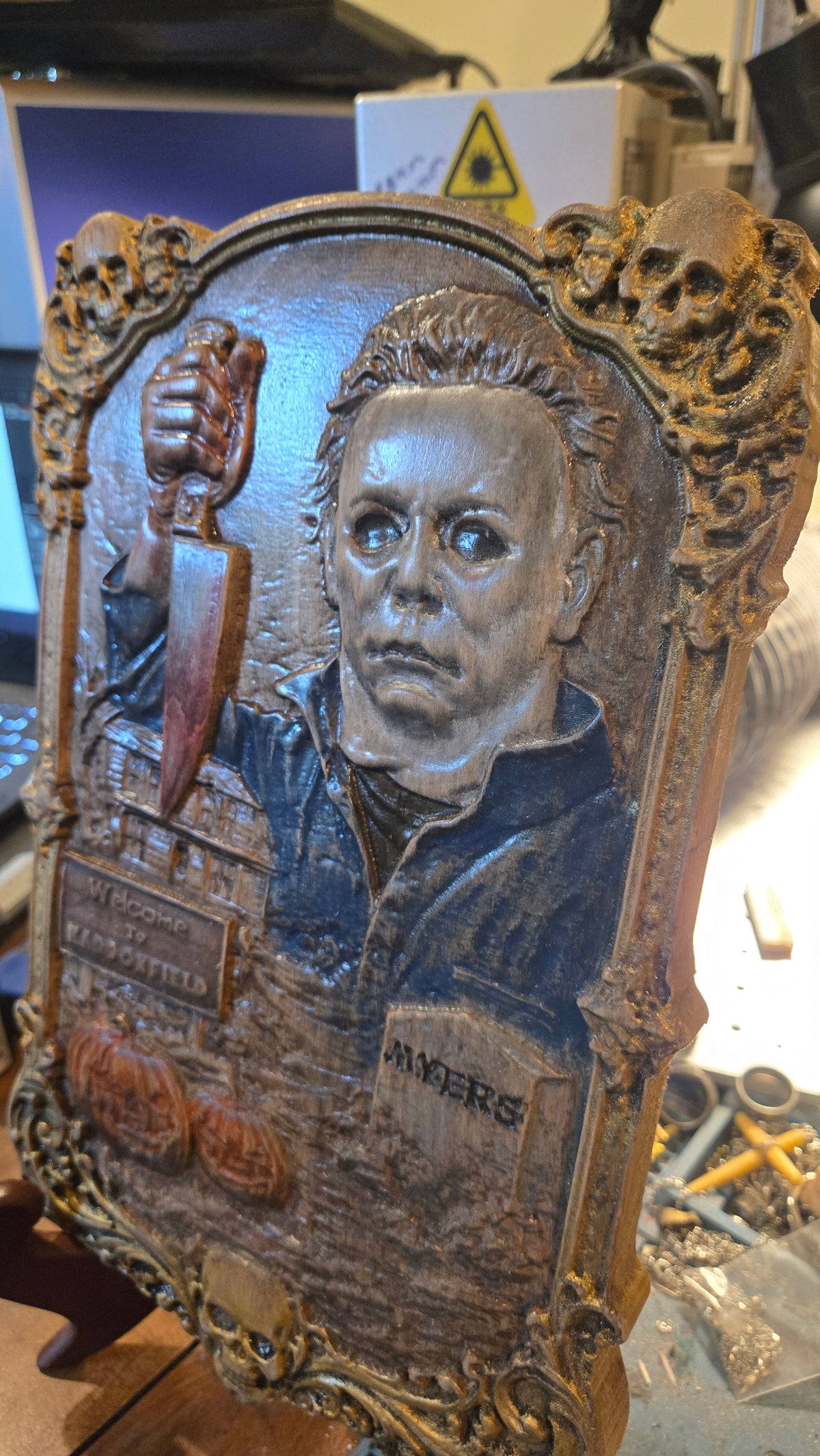 Michael Myers Hand-Painted Reclaimed Wood Wall Art With Stand
