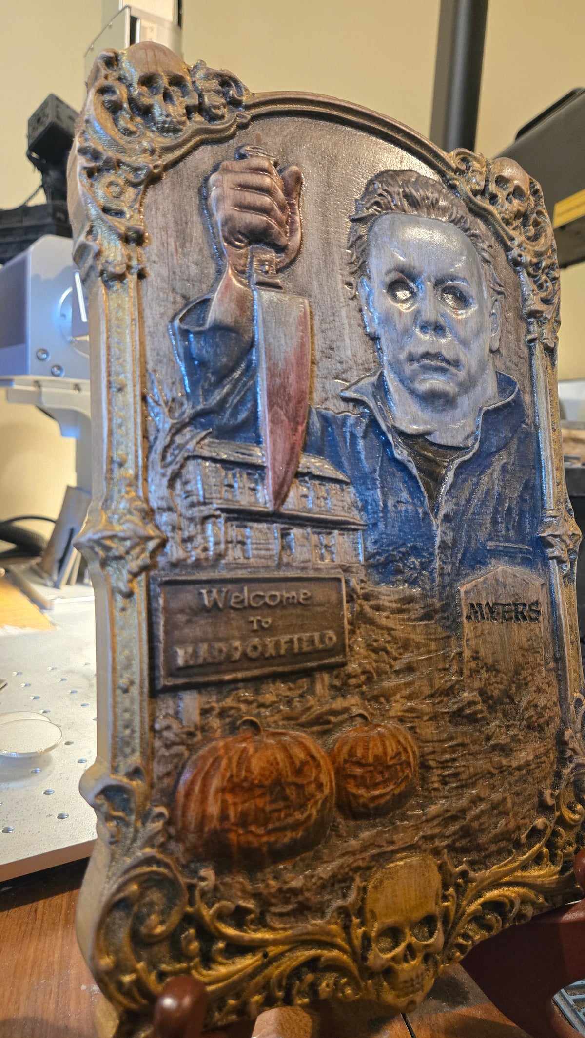 Michael Myers Hand-Painted Reclaimed Wood Wall Art With Stand