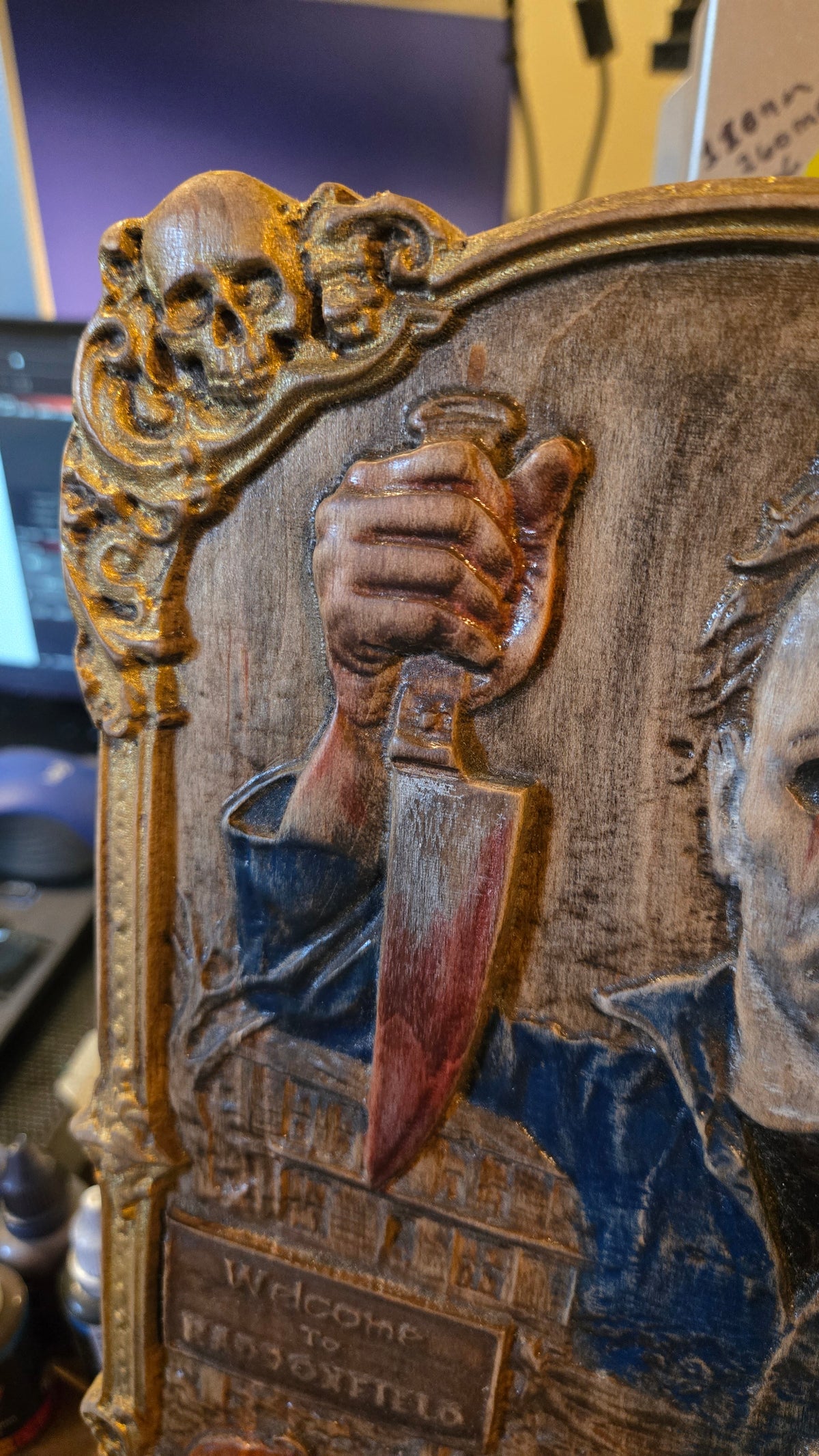 Michael Myers Hand-Painted Reclaimed Wood Wall Art With Stand