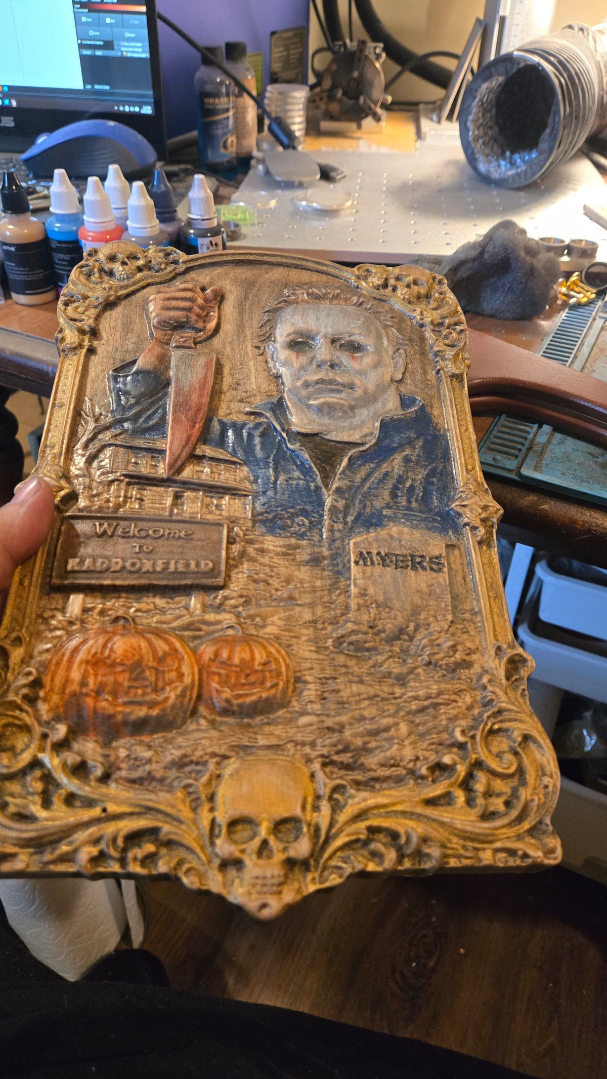 Michael Myers Hand-Painted Reclaimed Wood Wall Art With Stand