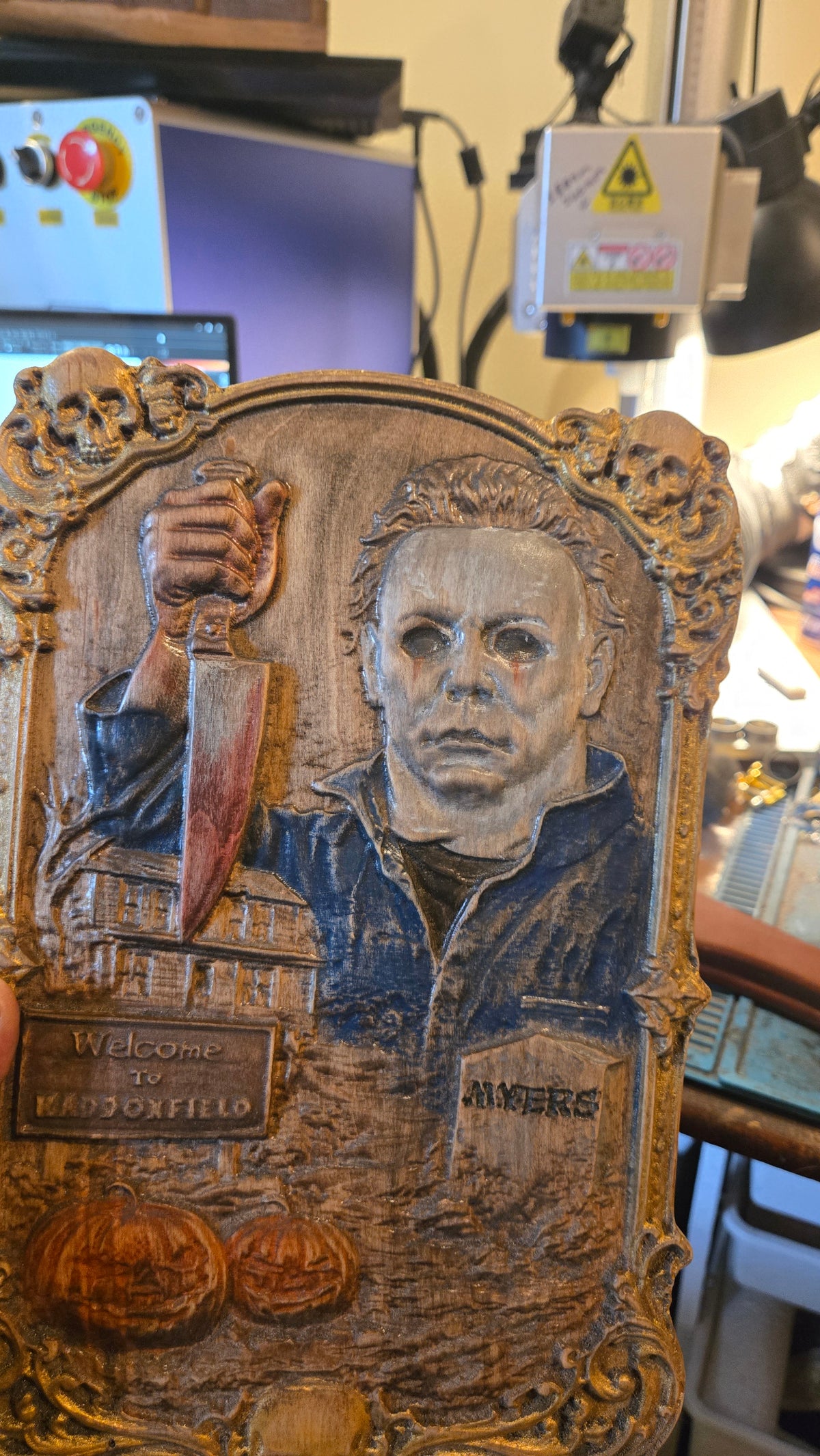 Michael Myers Hand-Painted Reclaimed Wood Wall Art With Stand
