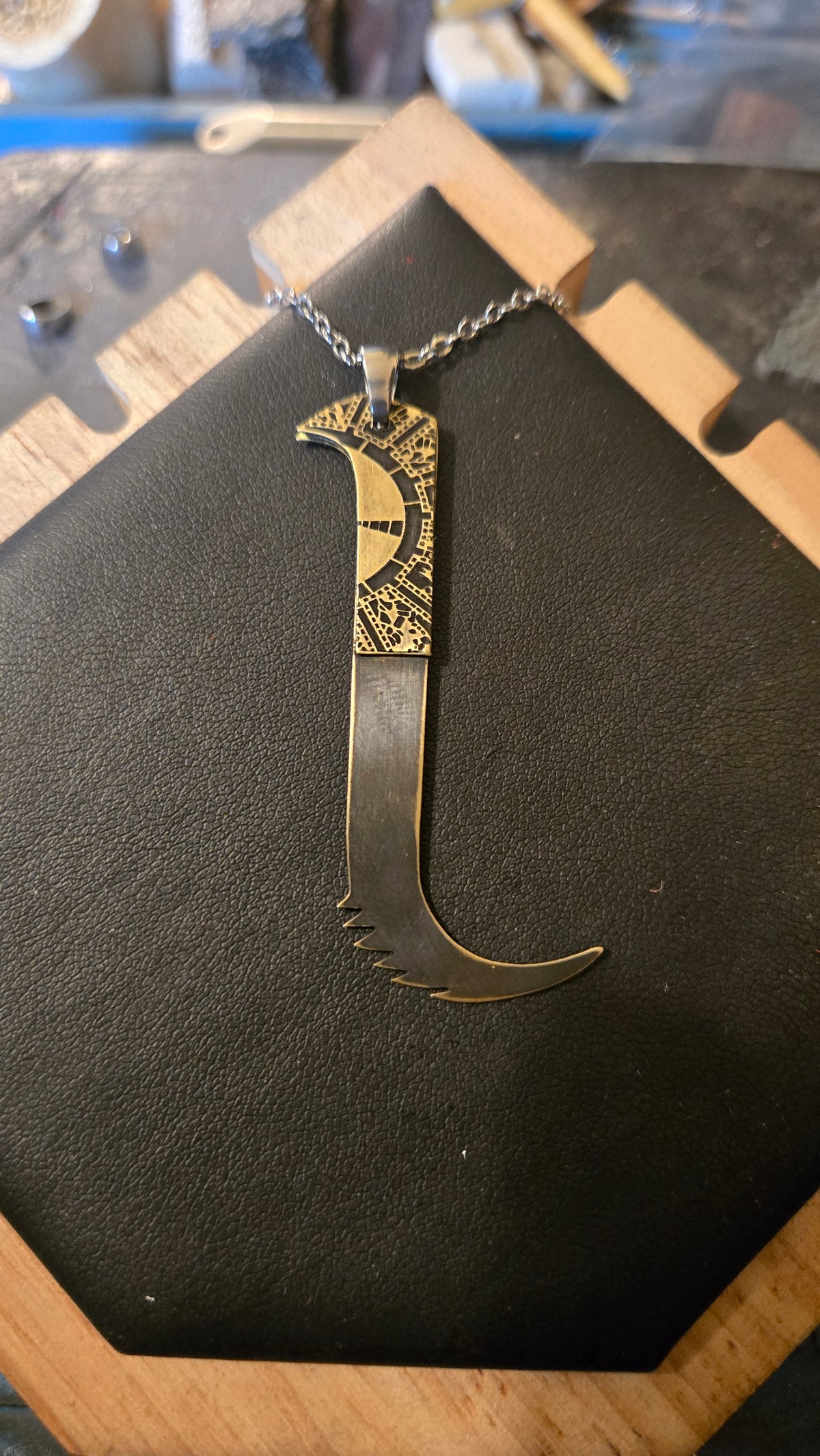 Pinhead Cenobite Hooked Saw Blade Pendant 3-Piece Brass Design