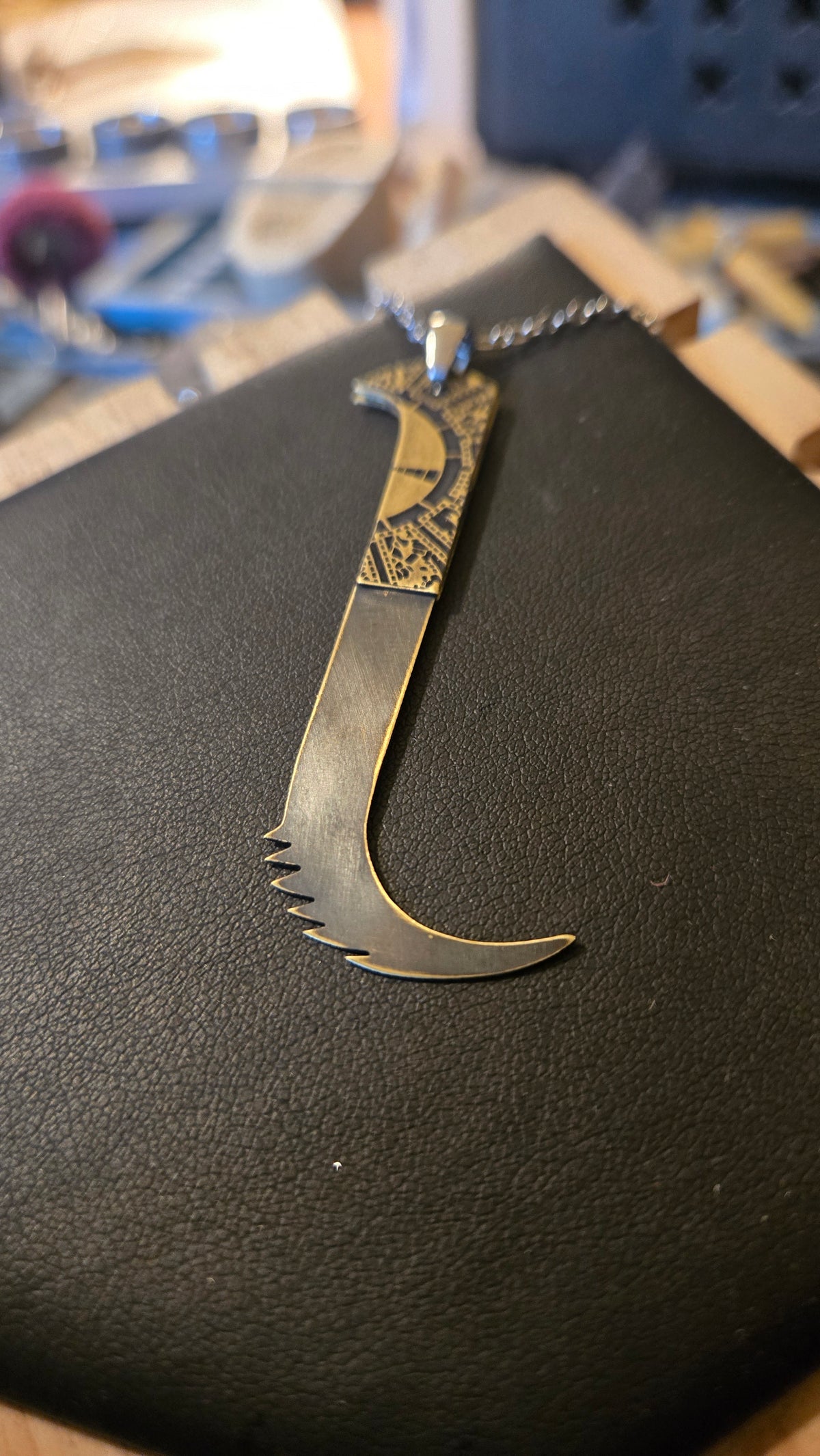 Pinhead Cenobite Hooked Saw Blade Pendant 3-Piece Brass Design