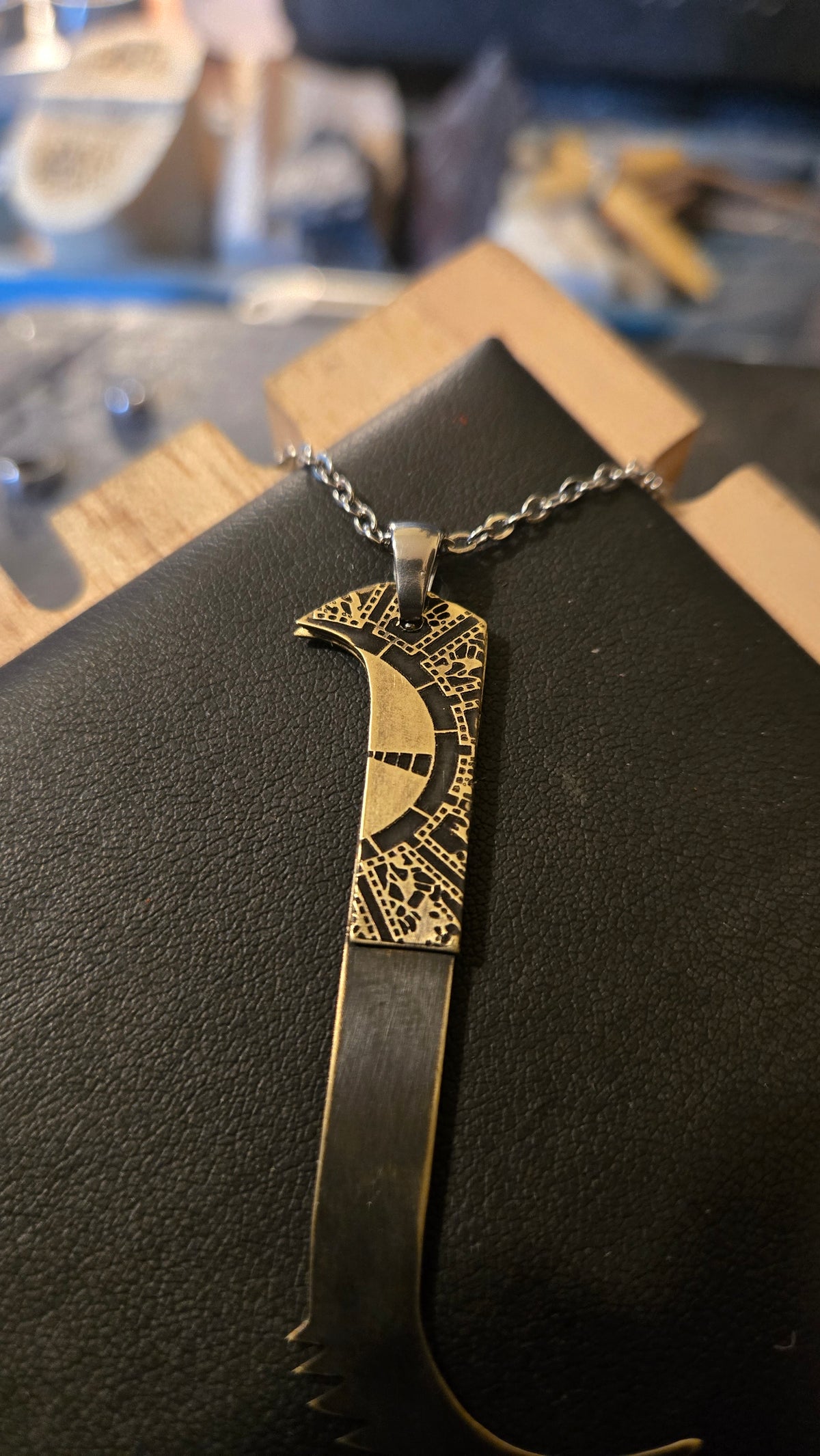 Pinhead Cenobite Hooked Saw Blade Pendant 3-Piece Brass Design