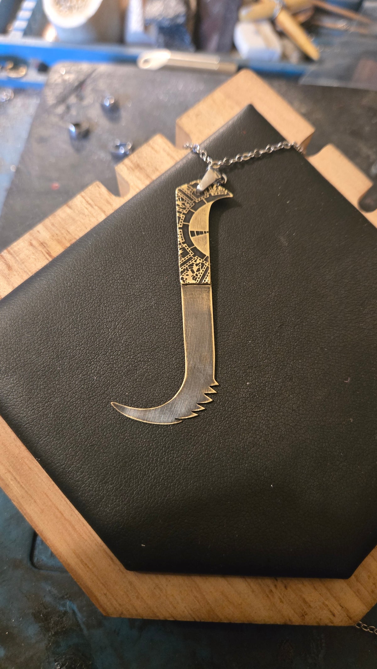 Pinhead Cenobite Hooked Saw Blade Pendant 3-Piece Brass Design