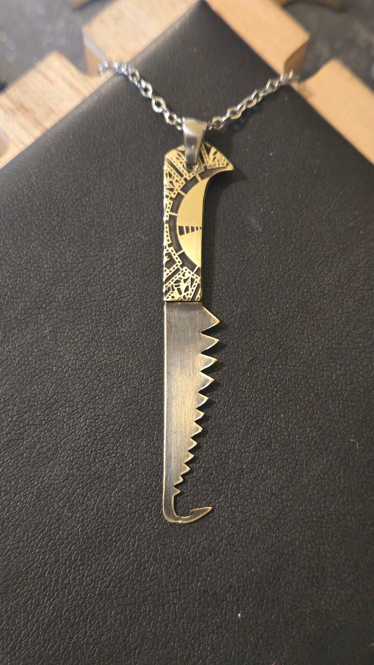 Hellraiser Inspired Female Cenobite Hooked Saw Blade Pendant – 3 Piece Brass