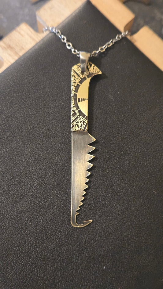Hellraiser Inspired Female Cenobite Hooked Saw Blade Pendant – 3 Piece Brass