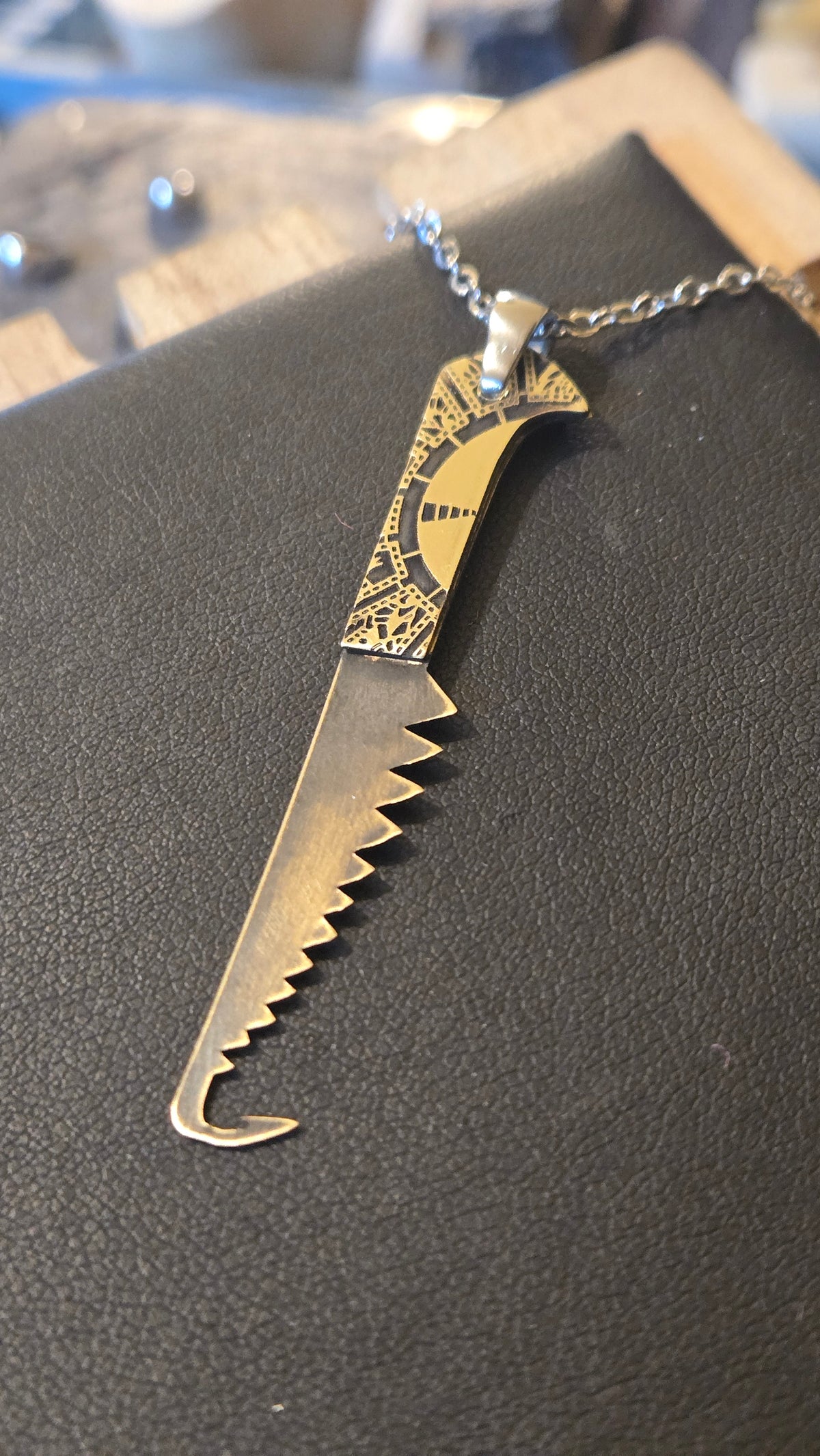 Hellraiser Inspired Female Cenobite Hooked Saw Blade Pendant – 3 Piece Brass