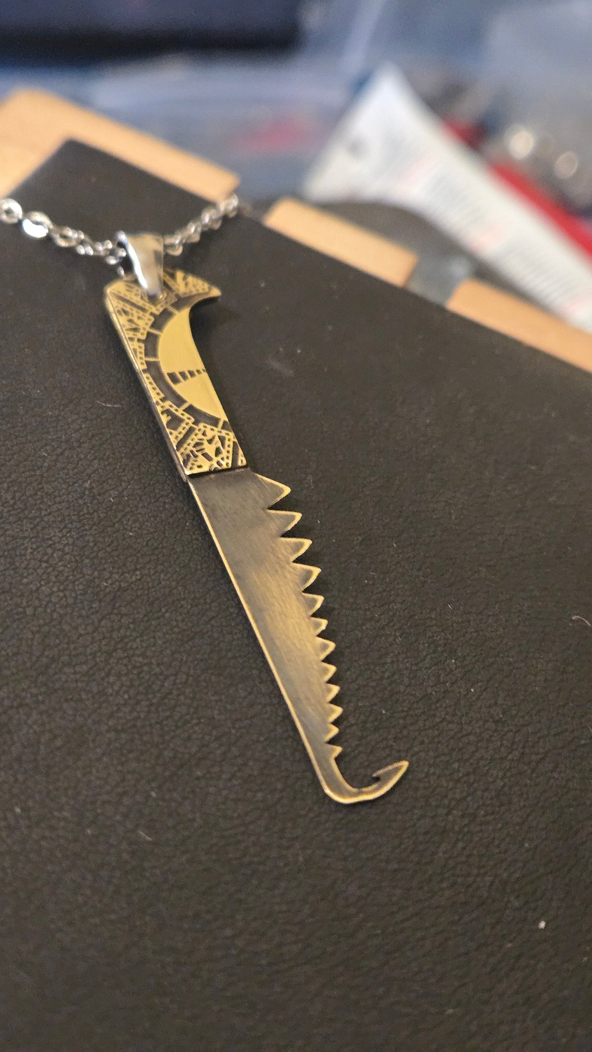Hellraiser Inspired Female Cenobite Hooked Saw Blade Pendant – 3 Piece Brass